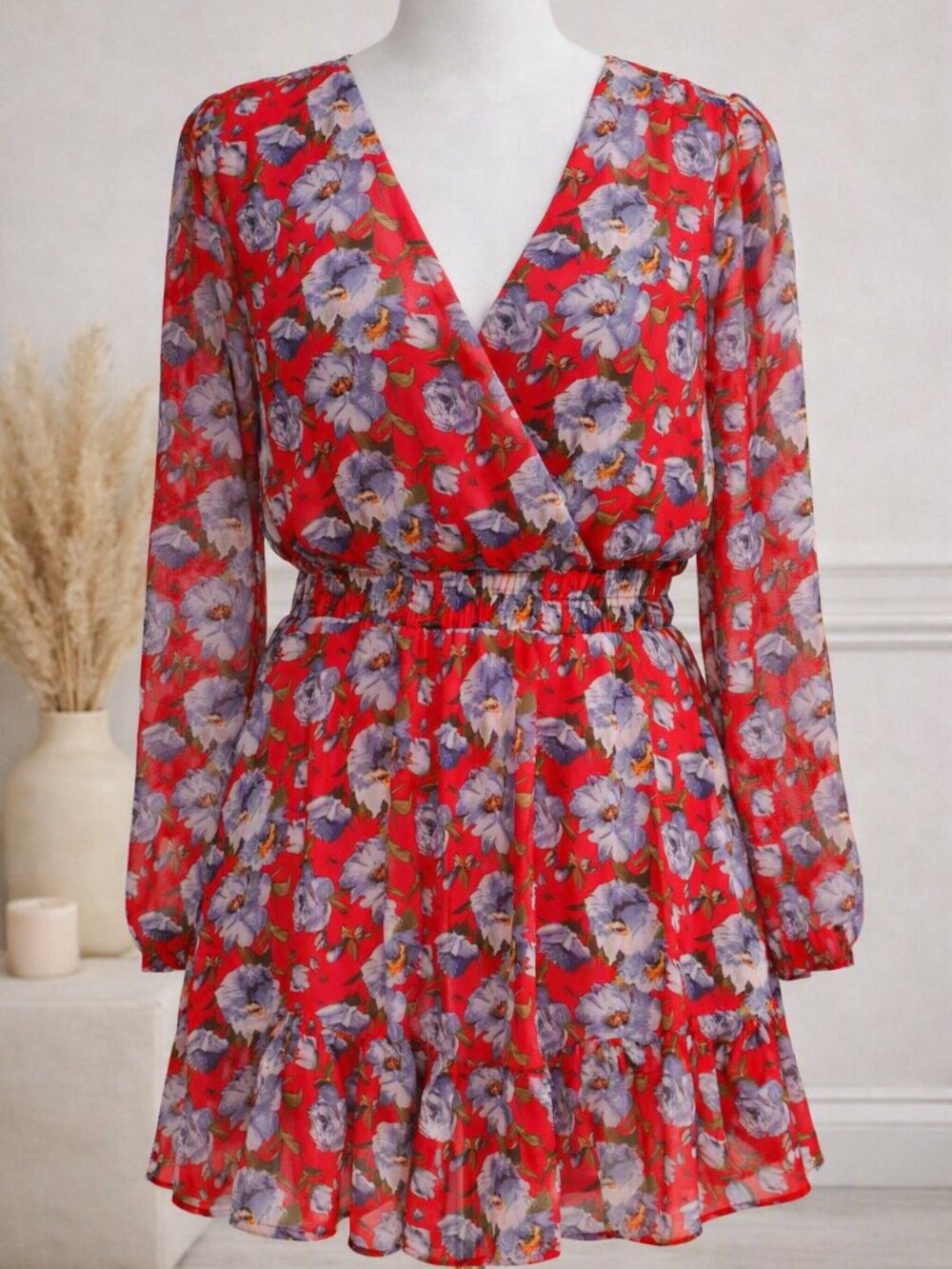 Mi Ami Red Floral Wrap Mini Dress Long Sleeve Tiered Hem Lightweight Boho Chic